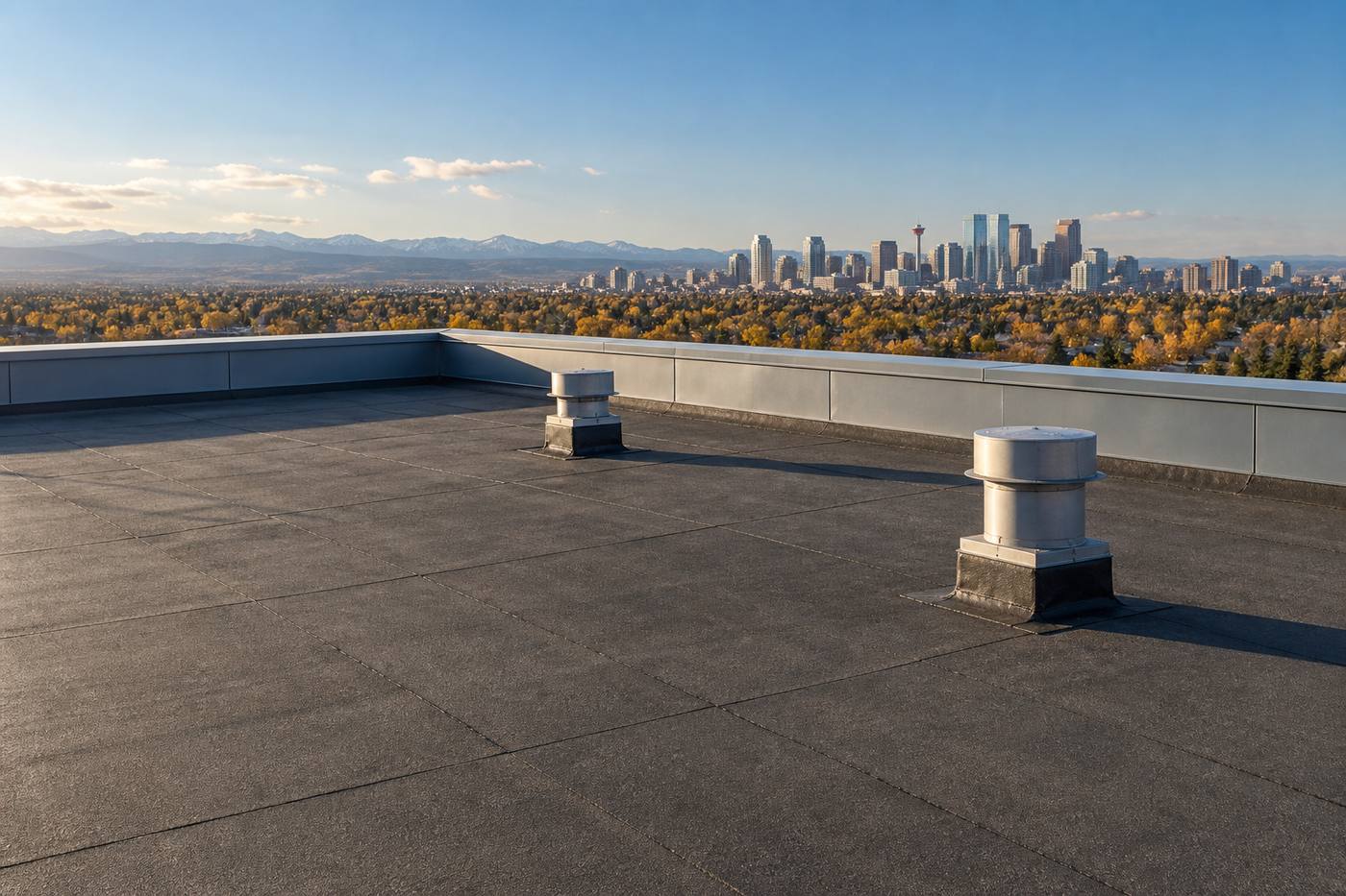 Flat commercial rooftop with two vent stacks, the Calgary skyline and the mountains behind it