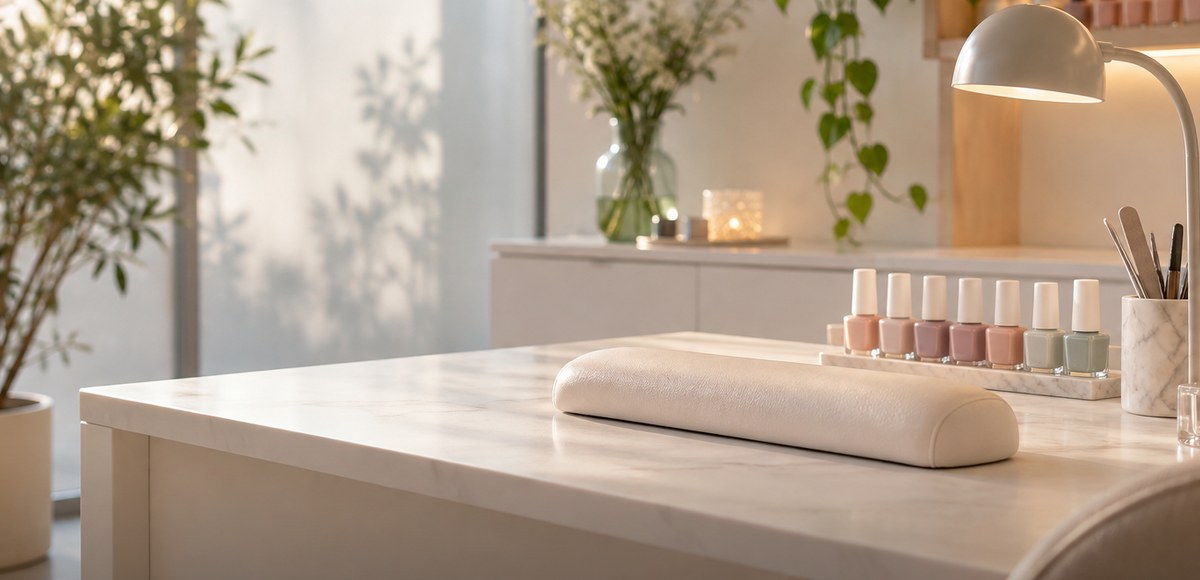 Manicure station with a marble counter, a row of pastel nail polish bottles and a desk lamp