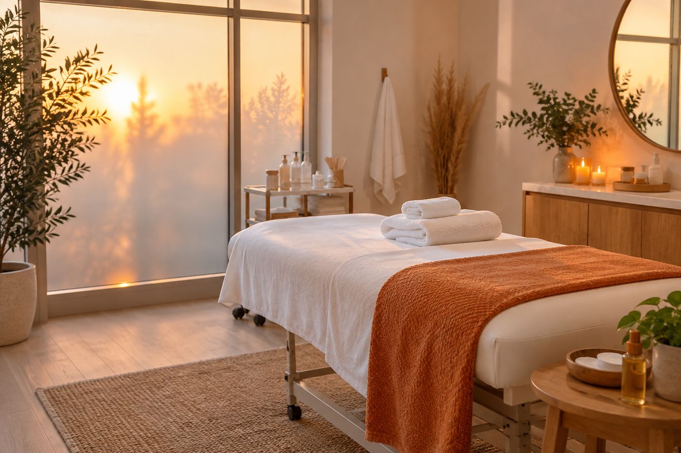 Spa treatment room at sunset with a massage table, folded white towels and an orange throw
